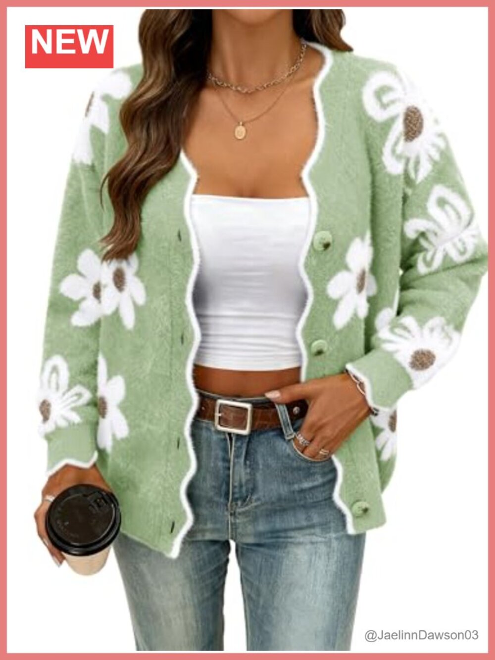 Chunky Knit V-Neck Button Down Cardigan Sweater with Floral Pattern